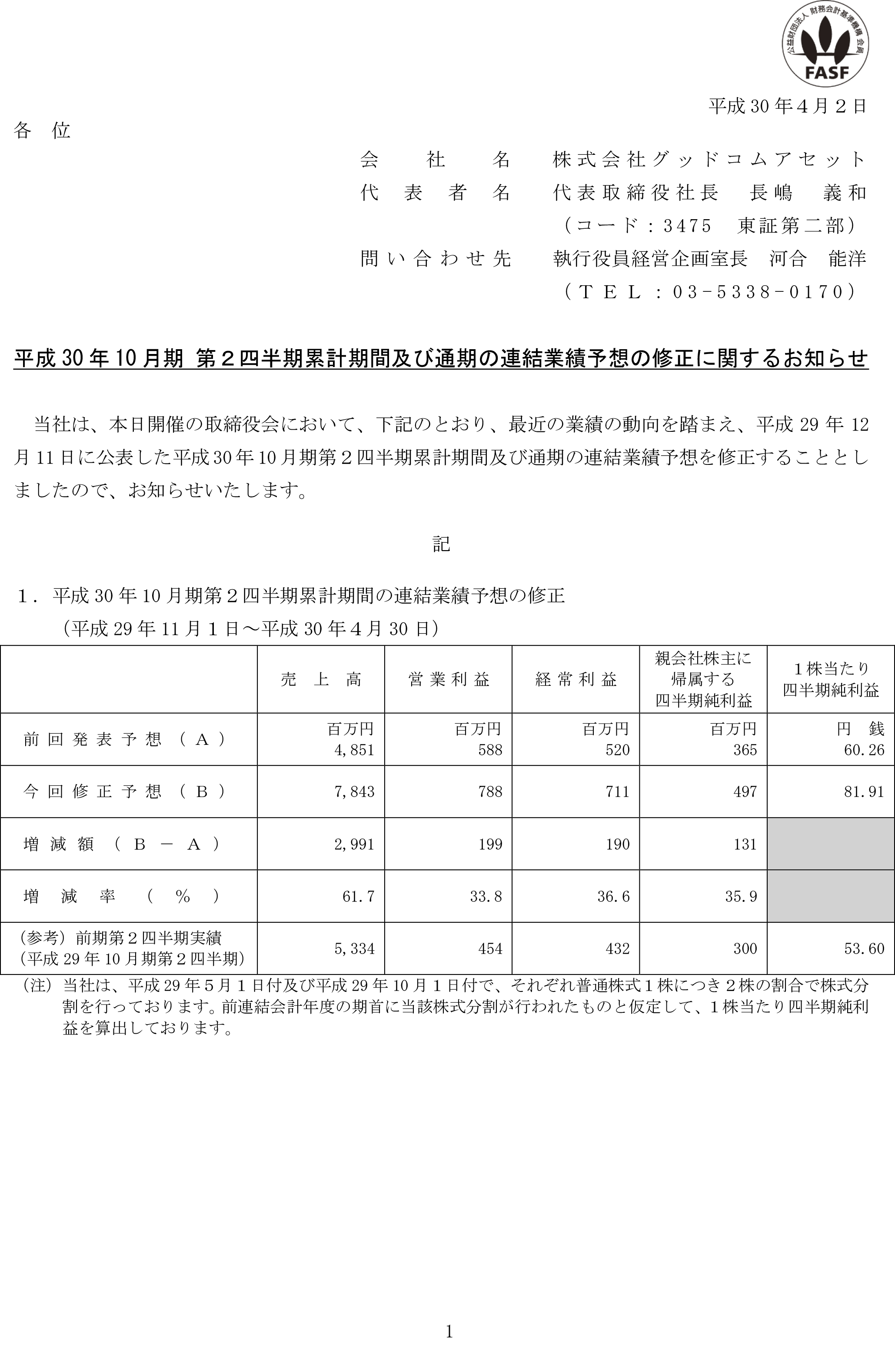 平成30年10月期第２四半期累計及び通期連結業績予想の修正に関するお知らせ-1